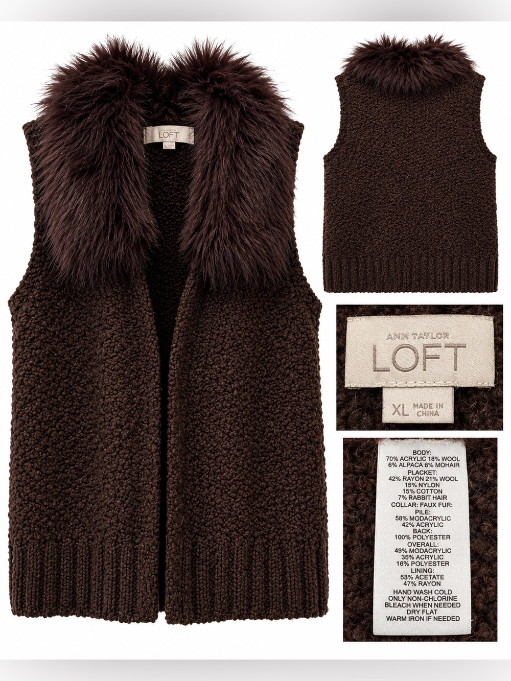 Ann Taylor LOFT Brown Faux Fur Collar Knit Vest Size XL